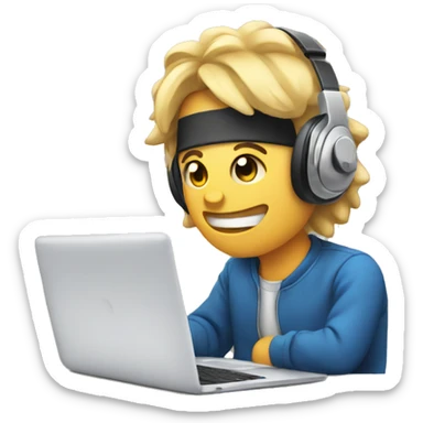 2d emoji working on laptop with headphones sticker