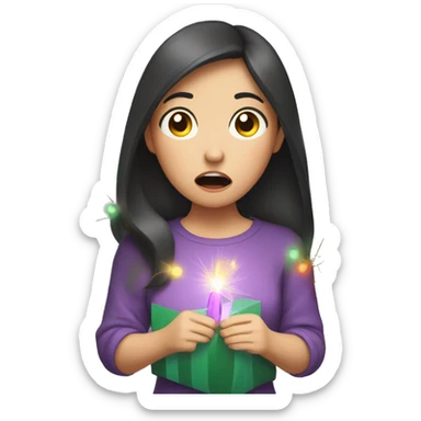 Asian girl shocked while holding Christmas lights sticker