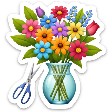 Icon for Floristry: a bouquet of flowers with floral arranging tools like scissors, a flower stem, and a vase. The icon should represent creativity in flower design and arranging. Transparent background. sticker