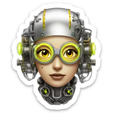 Caucasian female cyborg head with Neon yellow bobbed hair, silver steampunk goggles and circuits sticker