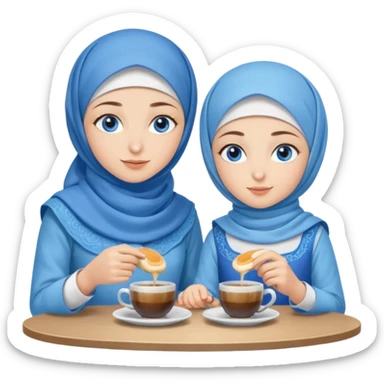 Turkish beautiful finish Konya two girls blue eyes with blue hijab islamic dress and make breakfast in coffeehouse sticker