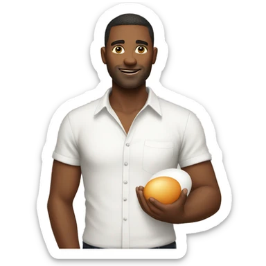 man in white shirt holding egg sticker