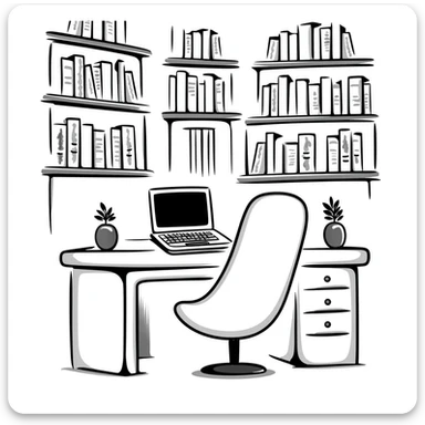 A cozy library with curved bookshelves and an open old-school laptop

 sticker