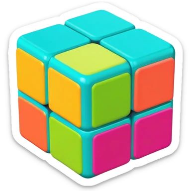 A 3x3 Rubik's Cube with vibrant tropical colors: bright turquoise, hot magenta, lime green, sunshine yellow, coral orange, vibrant aqua, minimalist iOS emoji style sticker