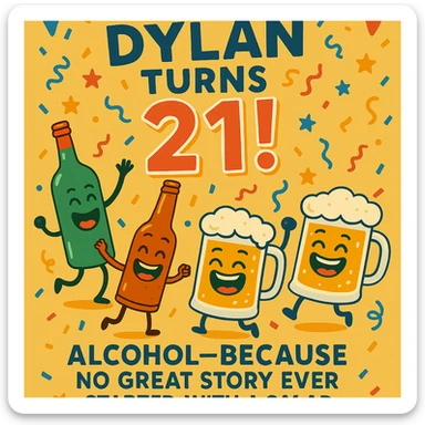 Add the funny drink quote: 'Alcohol—because no great story ever started with a salad.' Keep all original graphics and style. sticker