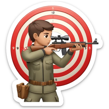 A focused shooter aiming a rifle at a target, standing in a shooting range with perfect posture. The target is in clear view, and the atmosphere is intense and precise, emphasizing concentration, accuracy, and discipline in the sport of shooting. sticker