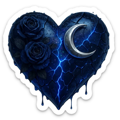 gothic heart made of splintered deep blue glass, adorned with a silver crescent moon, midnight blue roses, holographic stardust, neon lightning, wet look sticker