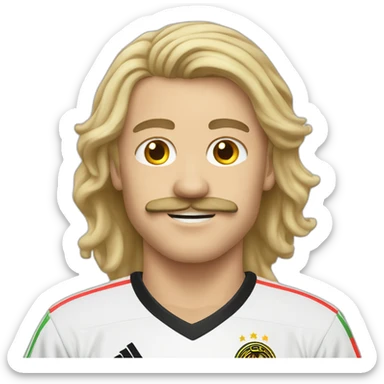face man blonde hair long hair blonde moustache wearing a germany soccer shirt sticker