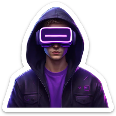 Russian young man wearing a black hoodie with "OMG" letters on it and VR headset in a cyberpunk VR environment with violet neon lighting. sticker