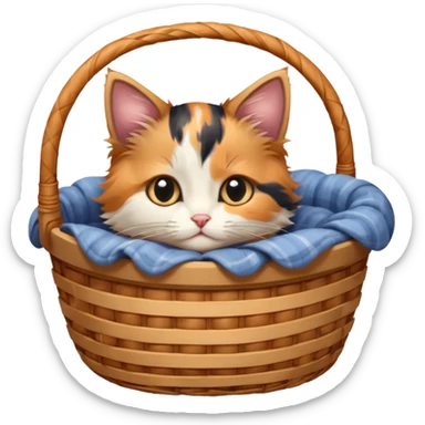 A fluffy kitten curled inside a wicker basket with sleepy eyes. sticker