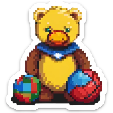 classic childhood toys scattered - brown teddy bear, yellow duck toy, primary colored blocks, red ball, superhero figure sticker