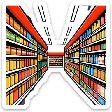 inside large grocery store with aisles full of products sticker