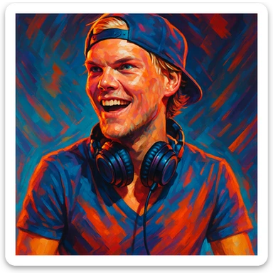 Avicii, iconic DJ and music producer, stylized portrait with headphones, energetic and modern vibe sticker