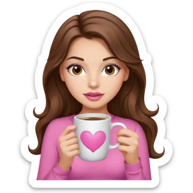girl with long wavy brown hair, brown eyes, long lashes,sexy pink lips, light to medium complexion, pink sexy top, with a coffee mug sticker