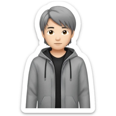 asian young man with long curtains style hair in grey jacket and black t-shirt sticker