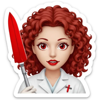Scary woman scalpel in hand, evil surgeon sexy surgeon clothes.  She has red eyes. Her  brown long curly hair. Wears sexy doctor outfit with red gloves. make her hair free and brown but she  wear mouth cover   to hide. Wears white surgeon jacket and sticker