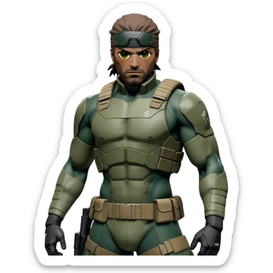 Cinematic Realistic Metal Gear Solid Snake Soldier Portrait, captured in a dynamic, battle-ready stance, muscles defined beneath intricately detailed combat gear in consistent muted greens, browns, and blacks. His determined eyes and rugged features, rendered with dramatic natural lighting and high shine, exude raw, unyielding power, epitomizing the fierce, relentless spirit of a covert operative in the midst of action. sticker