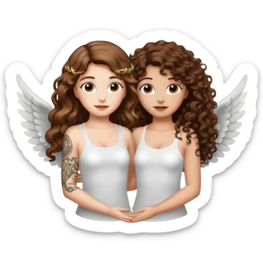 fake angel pose — long wavy brown hair tattooed woman and short tight curly brown hair woman — halo sparkle sticker
