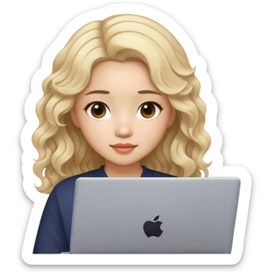 beautiful girl, with  blond hair, wavy hair, chinese, with laptop sticker