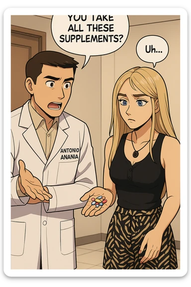 fai un webtoon/manga a colori con questo kinesiologo in camice bianco (fagli la scritta "ANTONIO ANANIA" SUL CAMICE) CHE PARLA CON QUESTA RAGAZZA CON GLI OCCHI AZZURRI. LA RAGAZZA HA UN PUGNO DI INTEGRATORI IN MANO (TANTE PILLOLE DIVERSE) E LE GUARDA DUBBIOSA. IL KINESIOLOGO CON IL CAMICE BIANCO LE DOMANDA UNA COSA SCIOCCATO. NON FARE I FUMETTI, FAI SOLO LORO COME SE DIALOGASSERO sticker