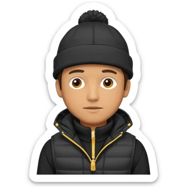 A guy in a hat, black hoodie, and a puffer vest sticker
