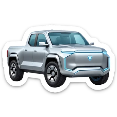 A futuristic electric pickup truck emoji, silver chrome body, angular cyber design, smooth metallic panels, subtle reflections, minimalistic proportions, iOS emoji style, centered composition, clean white background, soft lighting sticker