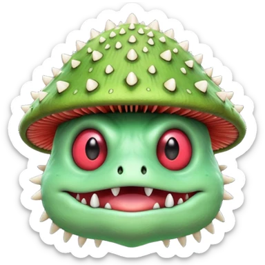 poisonous mushroom monster portrait, head and shoulders only, animal-like creature, mushroom cap head with spikes, toxic green glow, beast-like eyes, furry neck details, monstrous but cute fantasy vibe, 3D cartoon, mobile game icon style, clean background, no text, no watermark

 sticker