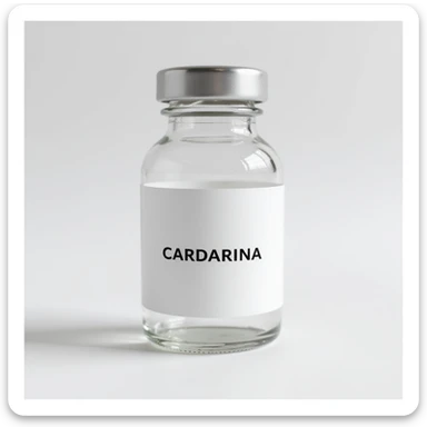 transparent glass vial with cap, white label with the word 'CARDARINA' prominently displayed, hyperrealistic 4K style sticker