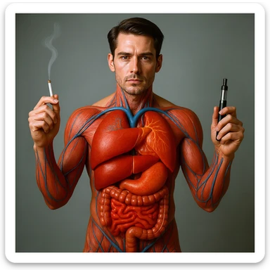 Hyperrealistic 4K vertical 9:16 medical illustration, realistic human anatomical body, inflamed liver and intestines highlighted, man holding a lit cigarette in the right hand and an electronic cigarette in the left, style identical to the reference image. sticker