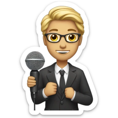 white journalist standing confidently while holding a microphone. The journalist should be in professional attire sticker