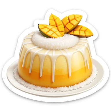 cinematic-realistic-mango-sticky-rice-dessert-emoji,-showcasing-sweet-sticky-rice out of a mould-paired-with-ripe-mango-slices-and-coconut-milk-rendered-with-lifelike-detail-and-warm,-inviting-lighting with the coconut  milk over the rice sticker