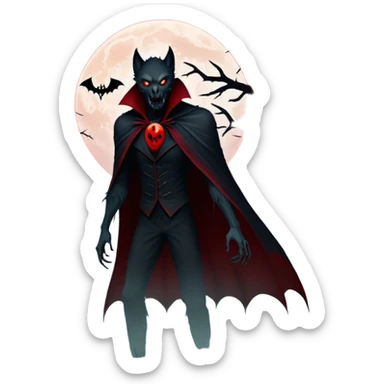 Icon for Horror Movies: A chilling collage with a monstrous werewolf or vampire, dark silhouettes, eerie graveyards, and creepy elements like spiders and tombstones. Ghostly fog surrounds, with a blood-red moon in the sky. The atmosphere is unsettling, eerie, and haunting. Transparent background. sticker