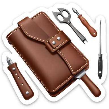 Leatherworking icon, piece of raw leather being crafted into a leather wallet or belt, professional tools like leather stitching awl, edge beveler, hammer, prying tool, minimalistic style, clean lines, transparent background. sticker