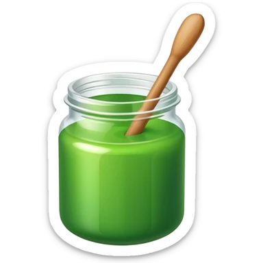 A small open plastic jar of vibrant green wax, wooden stick inside sticker