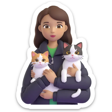 Light-skinned girl with brown straight hair wearing a black jacket, holding one completely white cat and one calico cat sticker