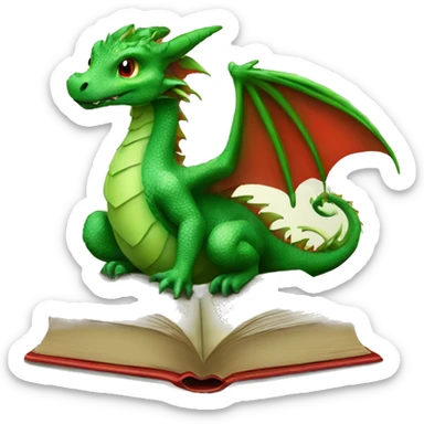 friendly green dragon draw with a book and a red rose sticker