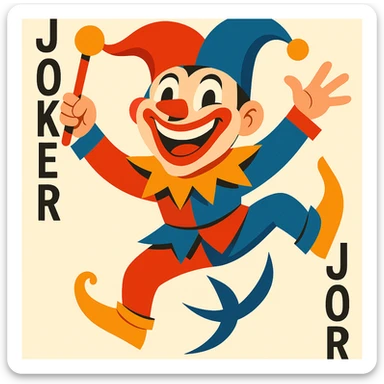 joker clown playing card, exaggerated smile, colorful costume, dynamic pose sticker