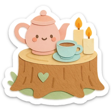 stump table with tea set and candles, kawaii cottagecore vibes, pastel colors, paper-craft style sticker