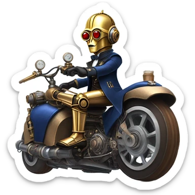C-3PO wearing a pair of navy-blue rimmed steampunk goggles, hat, leather chaps, fringe jacket riding a fast 3 wheeler trike steampunk motorcycle on ice  sticker