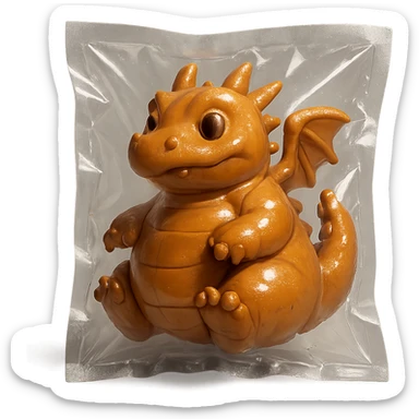 vacuum sealed style dragon, chubby and playful, shiny plastic, no text sticker