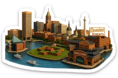 cinematic realistic emoji of Baltimore panoramic cityscape with Inner Harbor, National Aquarium, Fort McHenry, Oriole Park at Camden Yards, M&T Bank Stadium, Baltimore Basilica, Washington Monument (Baltimore), Domino Sugars sign, lifelike detail, accurate colors, bright daylight, no sky, no clouds, transparent background sticker