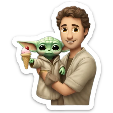 Rick Ashley with a baby yoda in hes hand and a ice Cream  sticker