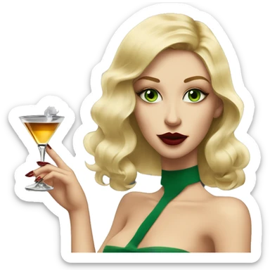 white, honey blonde pretty girl with green eyes, smoking a cigarette and a martini in hand, dark red nails, looking sexy and cool  sticker