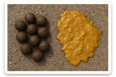 feci di animale a palline viste dall'alto e feci di animale liquide e gialline viste dall'alto, iperrealistico 4k sticker