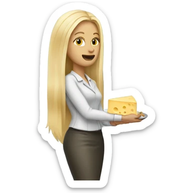 Blonde teacher with long blonde hair eating cheese sticker