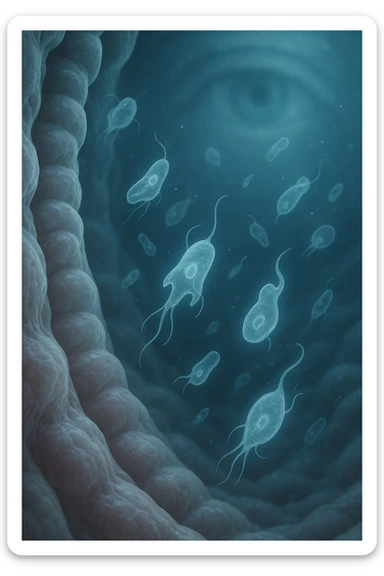 A detailed macro-style image of a translucent human intestinal wall under extreme magnification. Floating nearby are multiple protozoa — small, semi-transparent, shapeshifting organisms with flagella or cilia, glowing faintly under the microscope. In contrast, a faded overlay silhouette of a human eye is shown in the background, symbolizing how these organisms are invisible to unaided vision. The scene is softly lit with cool bluish tones, evoking a clinical and microscopic atmosphere. Focus is hyper-sharp on the protozoa, with blurred organic tissue textures in the background. Educational yet haunting, it shows how much remains unseen inside the body sticker