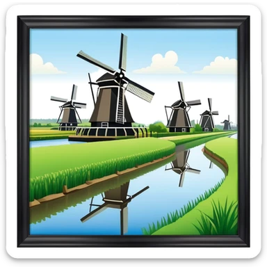 cinematic-realistic-kinderdijk-windmills-landmark-emoji,-showcasing-traditional-dutch-windmills-aligned-along-a-tranquil-canal,-with-lush-green-fields in a picture frame sticker
