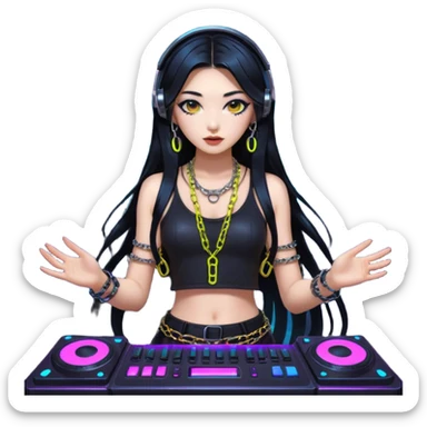  korean-techno-dj-girl,-wearing-a-stylish-edgy-outfit-with-metallic-chains,-long-black-hair,-performing-in-a-neon-lit-underground-club,-cyberpunk-aesthetic,-high-detail-3d-emoji-style,-energetic-and sticker
