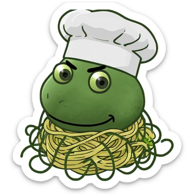 brain with spaghetti noodles coming out, twirling around a fork, small Italian flag, silly lighthearted style, Italian brainrot sticker