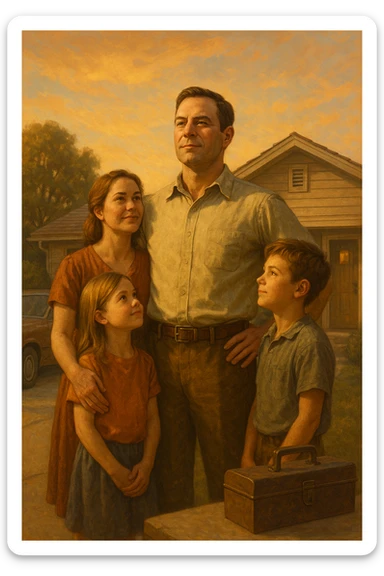 Uomo tra i 35 e i 45 anni, in piedi con postura fiera davanti alla sua casa, circondato dalla famiglia: moglie e figli lo guardano con rispetto e affetto. Indossa abiti semplici ma ordinati, simbolo di lavoro e stabilità (camicia, pantaloni, magari una cassetta degli attrezzi o una valigetta vicino). Sullo sfondo elementi che richiamano i suoi ruoli: casa ordinata, auto familiare, strumenti di lavoro, simboli di protezione e presenza. Espressione serena, forte ma accogliente. Colori caldi, luce naturale del tramonto. Stile realistico, atmosfera rassicurante e simbolica sticker